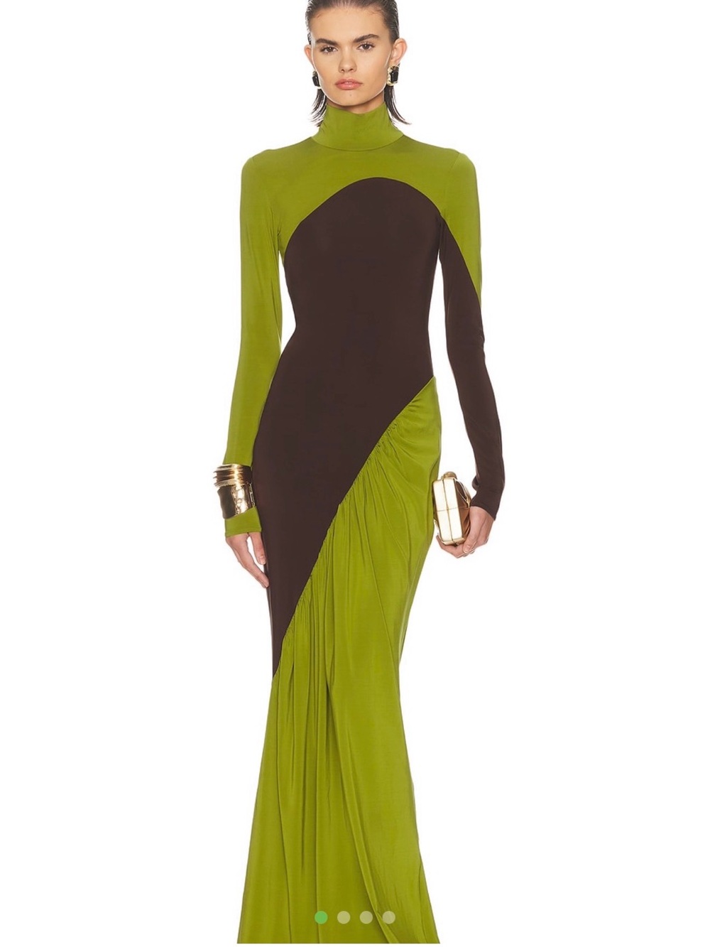 Olive Green and Dark Brown Colorblock Long Sleeve Turtleneck Dress